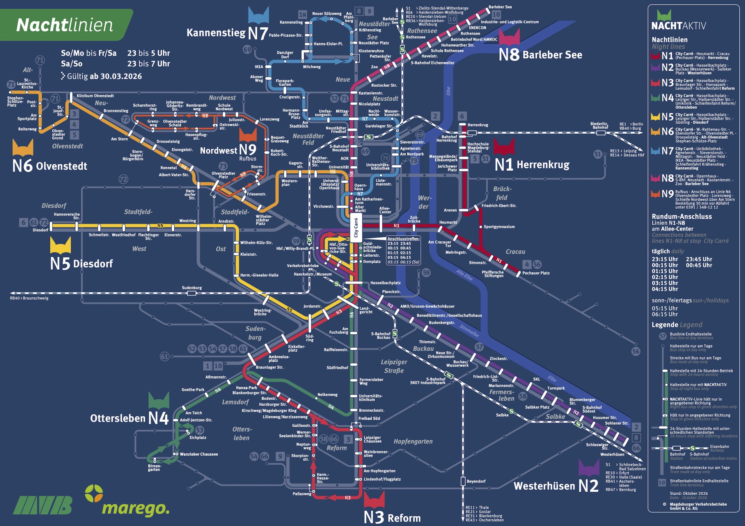 Nachtliniennetzplan der Magdeburger Verkehrsbetriebe, gültig ab 02.12.2026